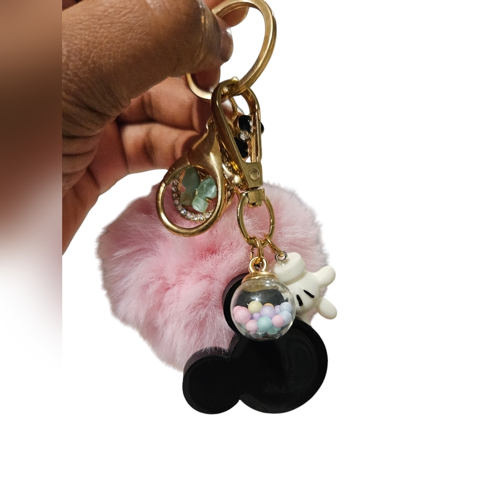 New Pink Fluffy Keychain with Black Mickey Charm